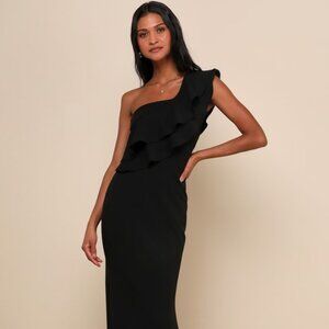 Lulus Grand Beauty Black Ruffled One-shoulder Mermaid Maxi Dress - Size S